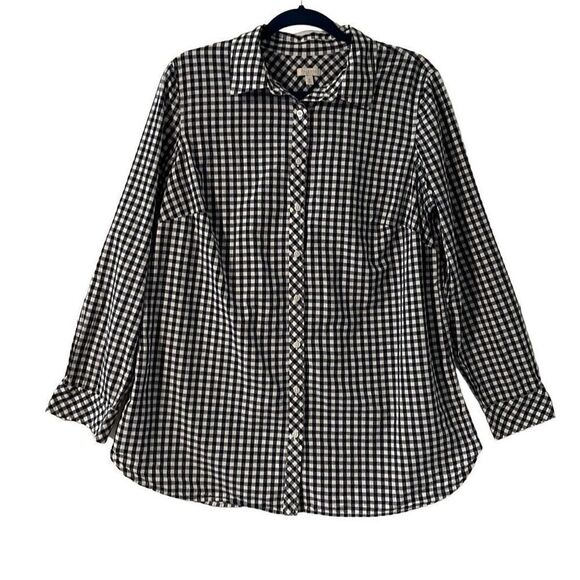 Talbots black and white check cotton classic tab sleeve button shirt 1X - Picture 1 of 12